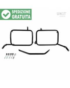 Unit Garage 2252_BL telaietti per valigie laterali in alluminio nero Atlas su Moto Guzzi V85 TT