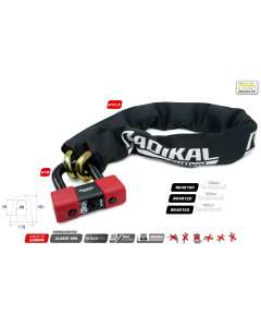 Catena  anti taglio RADIKAL RK48120  con omologazione S.R.A. completo di lucchetto ad arco RK75 completo di sistema antipicking, con doppia funzione, in modo da poter utilizzare come blocca disco.