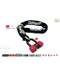 Catena anti-taglio  RADIKAL RK48120L con omologazione S.R.A. con lucchetto: ad arco RK75 completo di sistema antipicking, con doppia funzione, in modo da poter utilizzare come blocca disco.