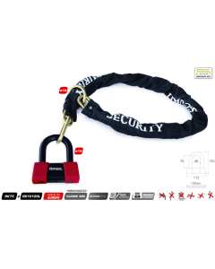 Catena anti-taglio RADIKAL RK120+RK10120L  con omologazione S.R.A. con lucchetto ad arco RK120 completo di sistema antipicking, con doppia funzione, in modo da poter utilizzare come blocca disco.