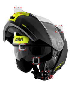 Ricambi casco modulare Givi X.20 dalla visiera con meccanismi per il montaggio al visierino solare.