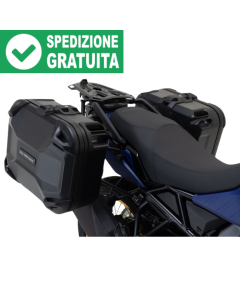 Valigie laterali DUSC M e L SW-Motech KFT.05.845.65000/B con telaietti PRO e adattatori Dusc per la moto Suzuki V-Strom 800DE. La fornitura include il kit serrature unificato.