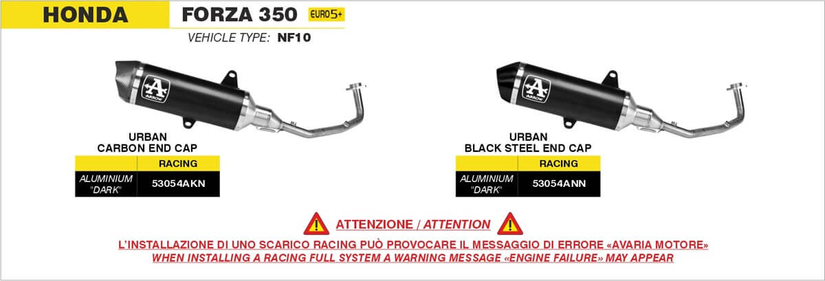 Scarico Arrow 53054AKN per los cooter Honda SH350 dal 2025. Kit completo racing con terminale Urban Arrow 53054AKN.