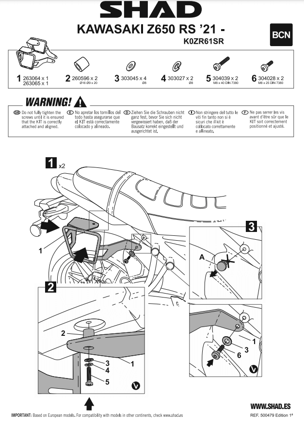 Istruzioni Shad K0ZR61SR tealietti porta borse laterali per Kawasaki Z650RS dal 2021