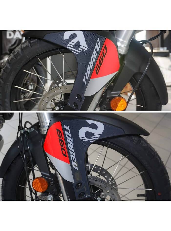 Aprilia Tuareg 660 coppia di adesivi carbon per steli forcelle anteriori