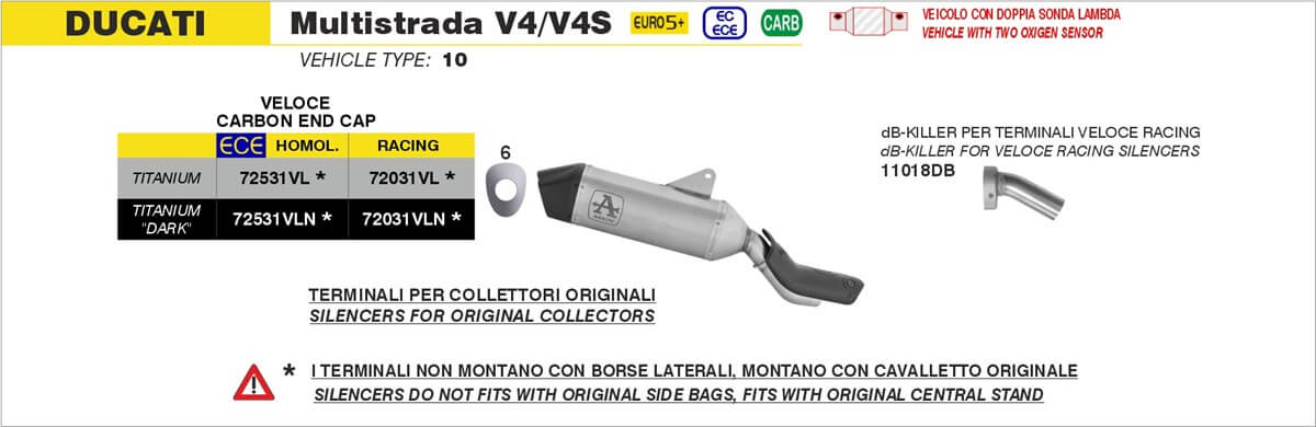 Terminale racing Arrow 72031VL Veloce in titanio con fondello carby per Ducati Multistrada V4 e V4S dal 2025. 