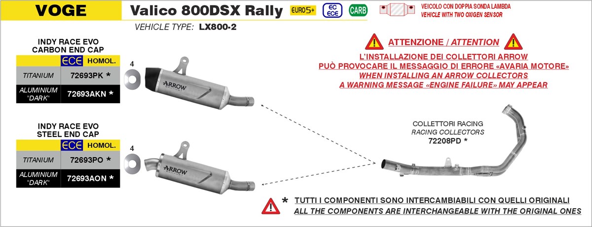 Schema scarichi Arrow terminale e collettori per Voge 800DSX Rally. Arrow 72693PK, Indy Race EVO, terminale titanio Voge 800DSX Rally, scarico omologato ECE, fondello carbonio, scarico Arrow Voge, terminale moto EURO 5+, Indy Race EVO 2025.