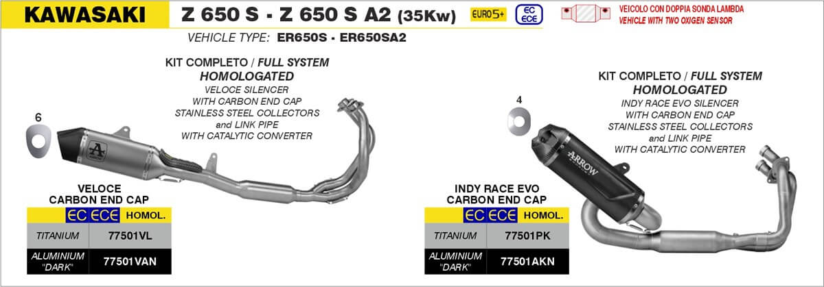 Scarichi completi Arrow per la moto Kawasaki Z650S dal 2026. Scarico completo Arrow Veloce Dark alluminio 77501VAN.