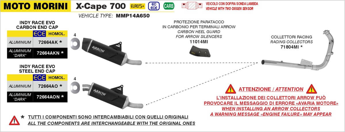 Collettore Arrow e terminali per Moto Morini X-Cape 700. Schema montaggio terminale Arrow 72664AON terminale omologato Indy Race EVO alluminio "Dark" per la Moto Morini X-Cape 700 dal 2025. con collettore.