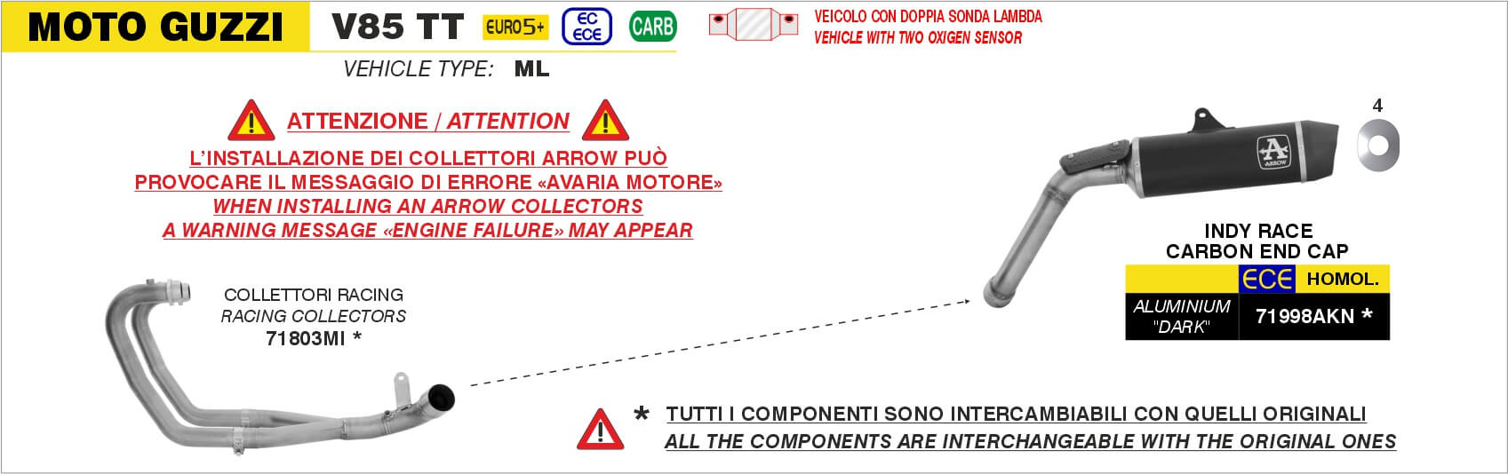 Arrow terminale omologato e collettori racing per V85TT dal 2025. Moto Guzzi V85 TT dal 2025 schema terminale e collettori Arrow.