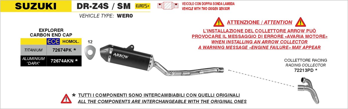 Terminale e collettore Arrow schema montaggio per Suzuki DR-ZS e DR-ZM. Collettore Racing Arrow 72213PD.