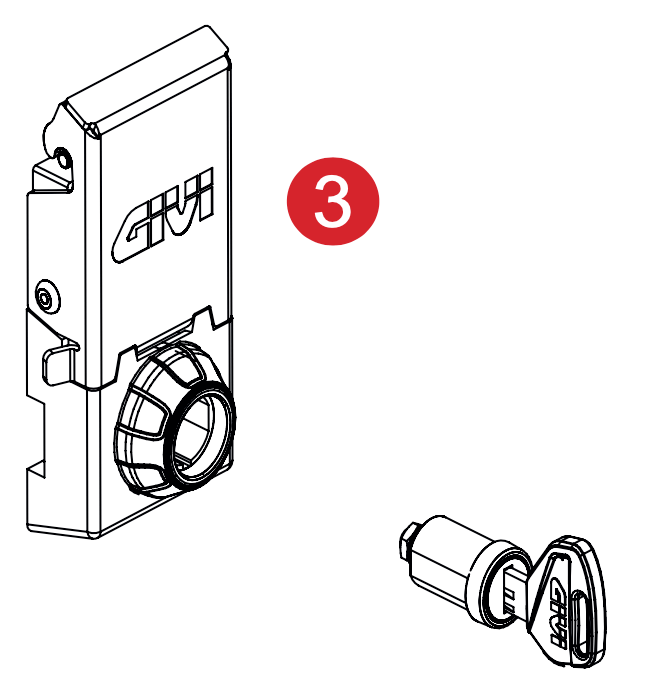 Blocco cerniera montato cons erratura e chiave per le valigie laterali Givi Trekker Outback Evo.