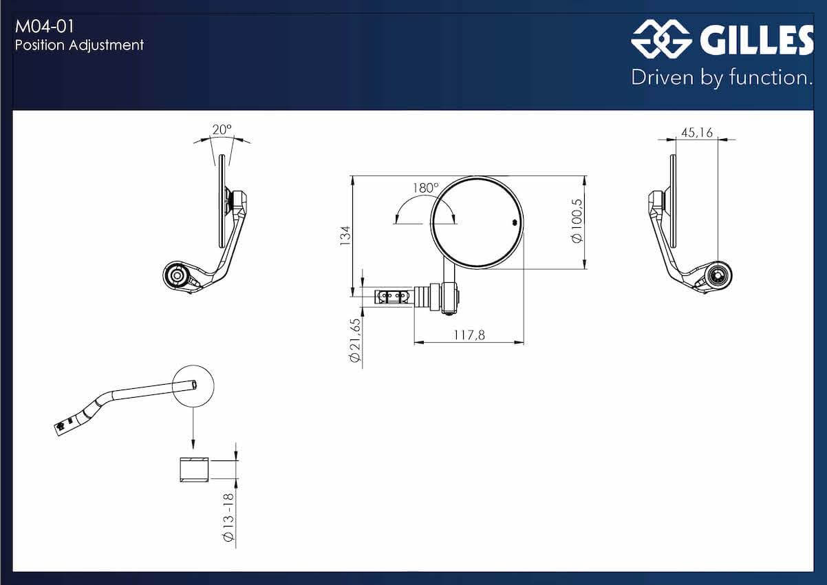 Gilles Tooling Moon dettagli tecnici e misure specchietti moto. Gilles tooling M04-01-BD coppia di specchietti moto Moon.