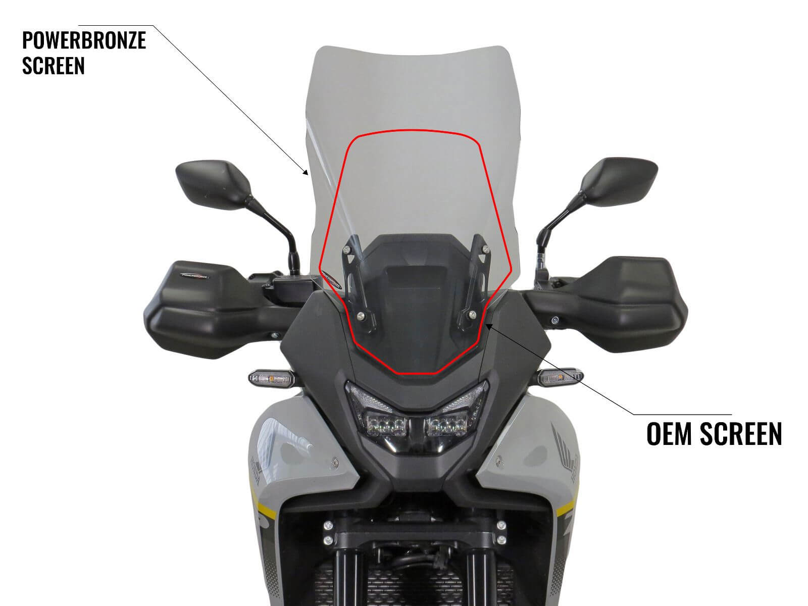 Honda XL750 Transalp differenza musure cupolino originale e Powerbronze Touring. Cupolino Powerbronze Touring più alto 420-H206 per Honda XL750 Transalp dal 2025.