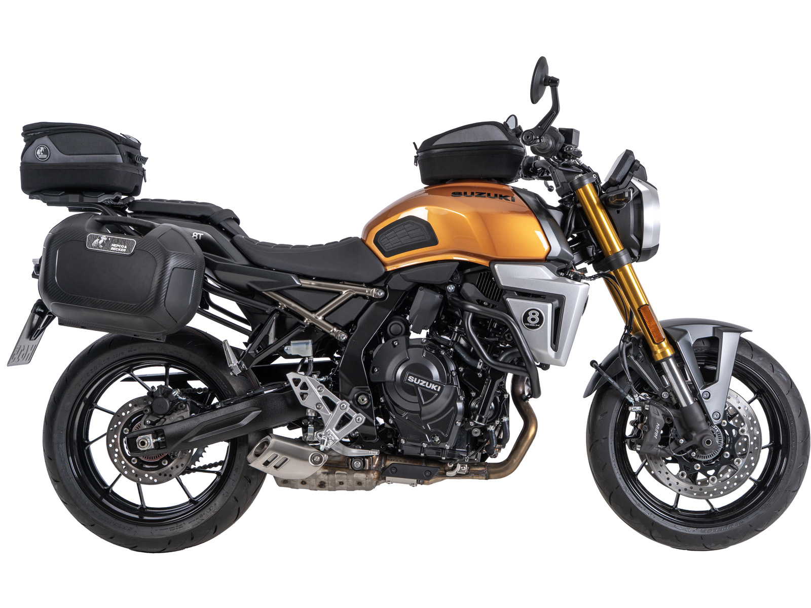 Borse laterali Hepco & Becker montate sulla moto Suzuki GSX-8T.