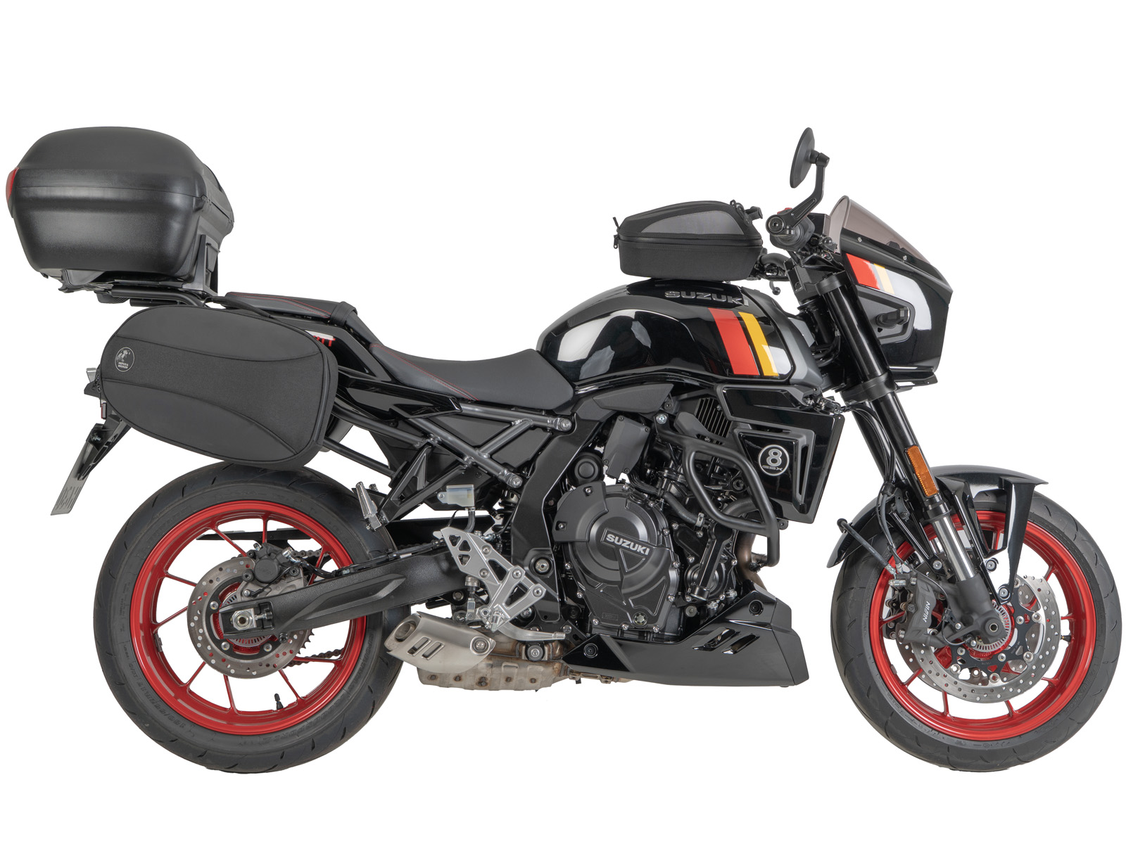 Borse laterali Hepco & Becker montate sulla moto Suzuki GSX-TT.