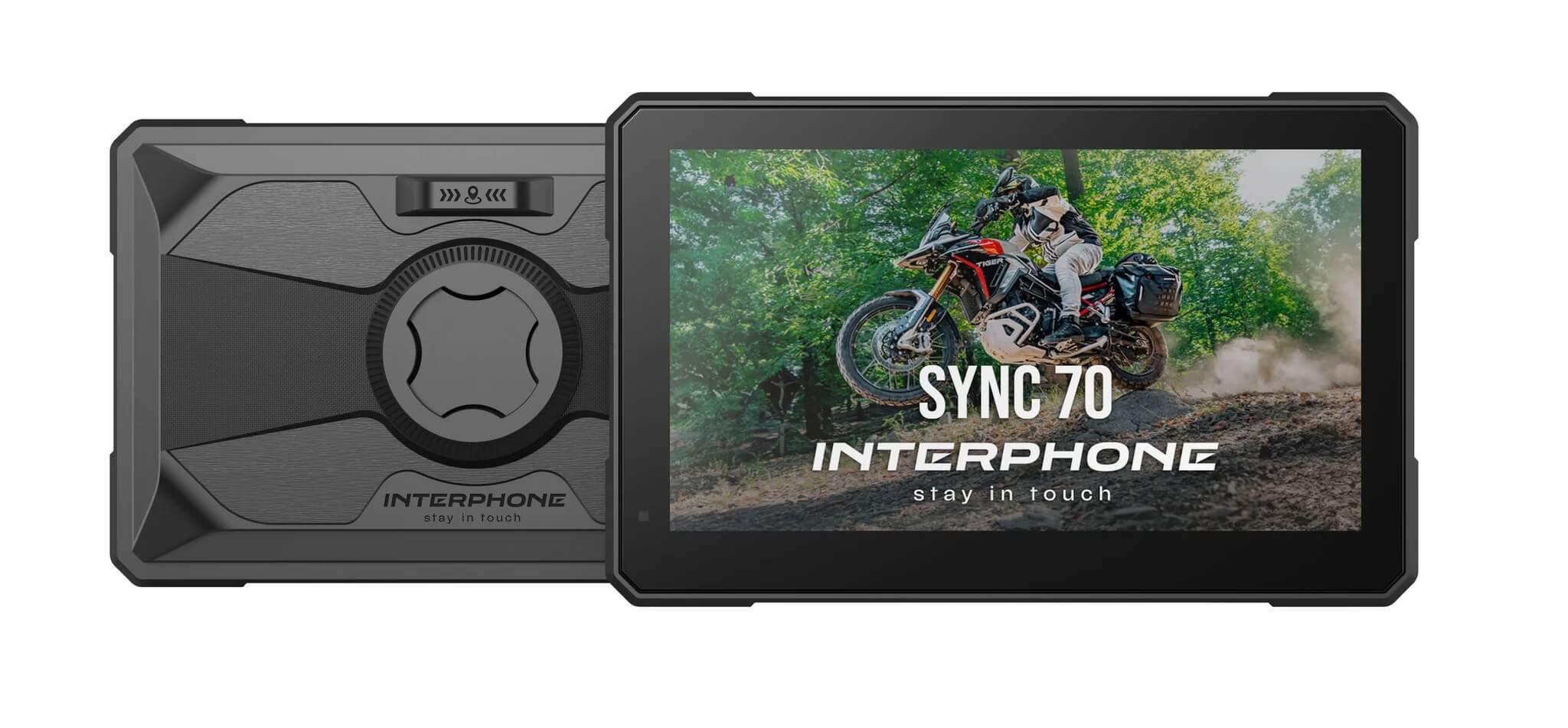 Smart Display Interphone SYNC70 montato sulla moto. Interphone SYNC70 display da sette pollici per moto.