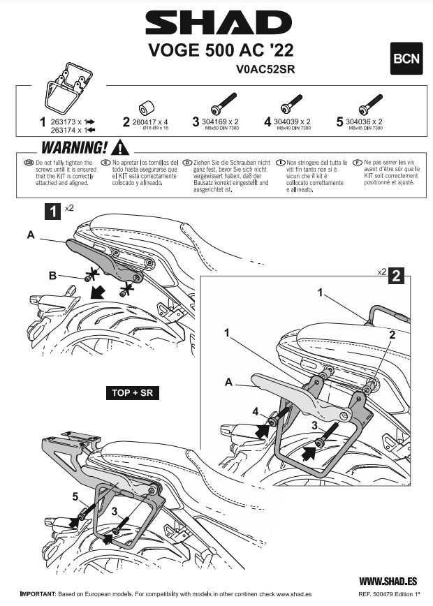 Istruzioni per il montaggio dei telaietti porta borse laterali Shad V0AC52SR