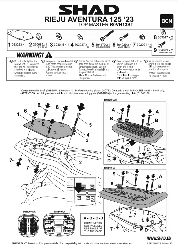 Istruzioni di montaggio per l'attacco bauletto Shad R0VN13ST.