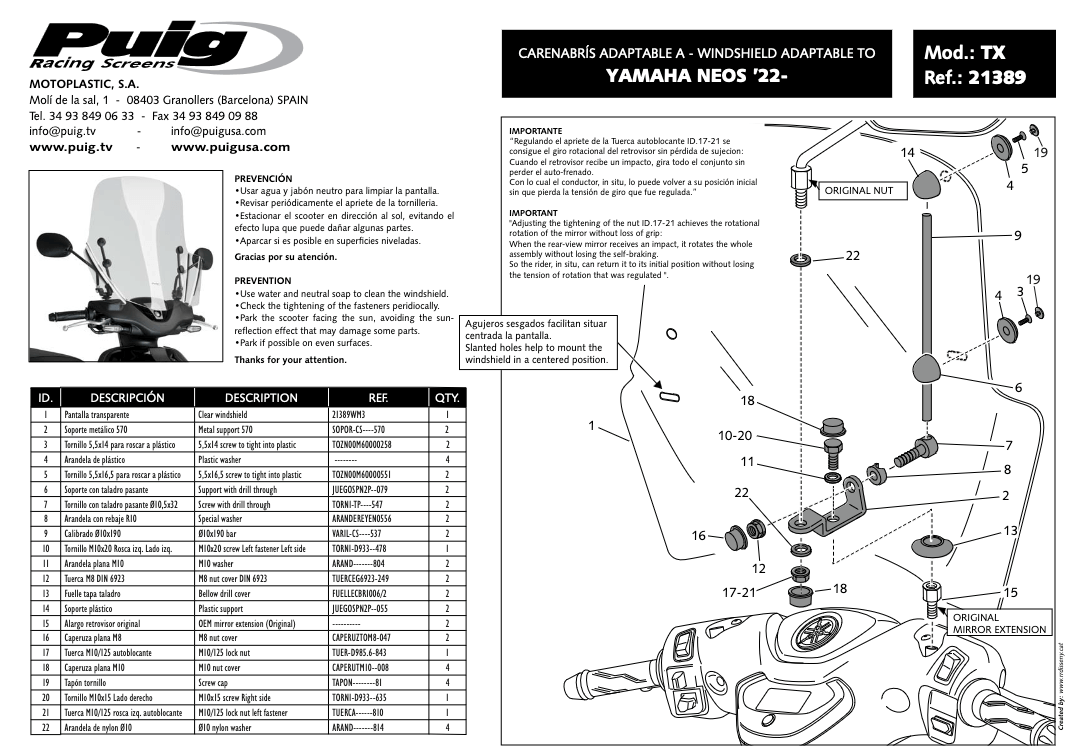 Istruzioni di montaggio del parabrezza Puig 21389W su Yamaha Neo's dal 2023.