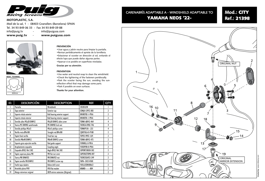 Istruzioni per il montaggio del parabrezza Puig 21398H.