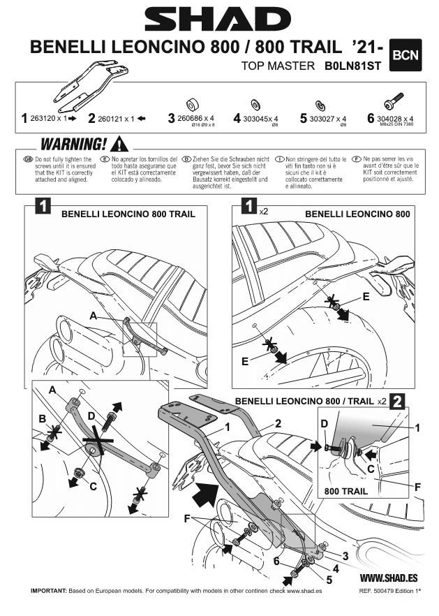 Istruzioni Shad B0LN81ST attacco bauletto moto Benelli Leoncino 800 TRAIL