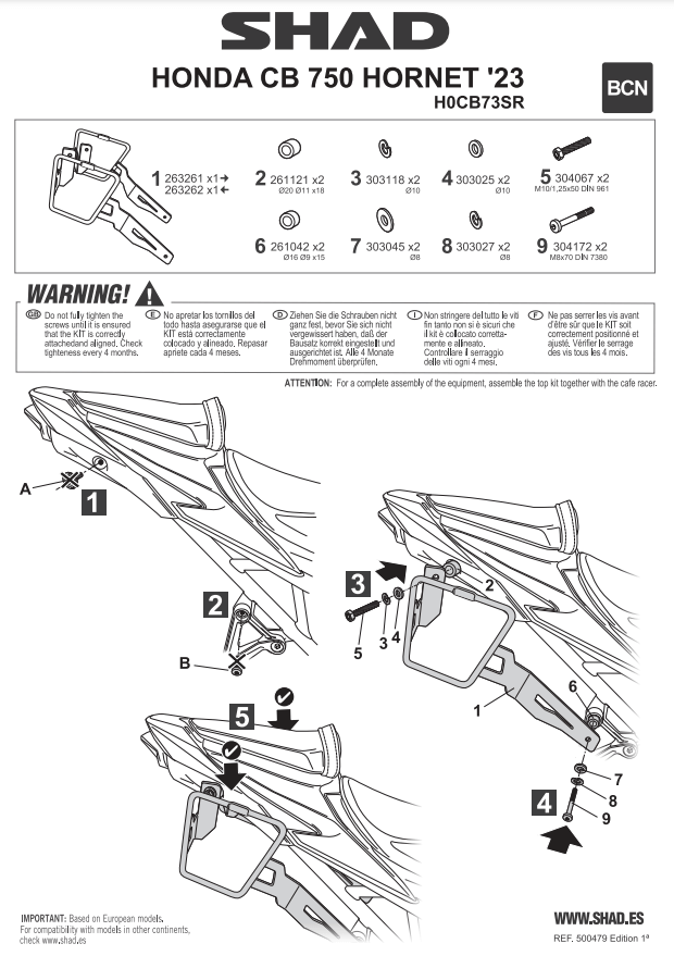 Istruzioni per il montaggio dei telaietti Shad H0CB73SR SR per Honda CB750 Hornet 2023.