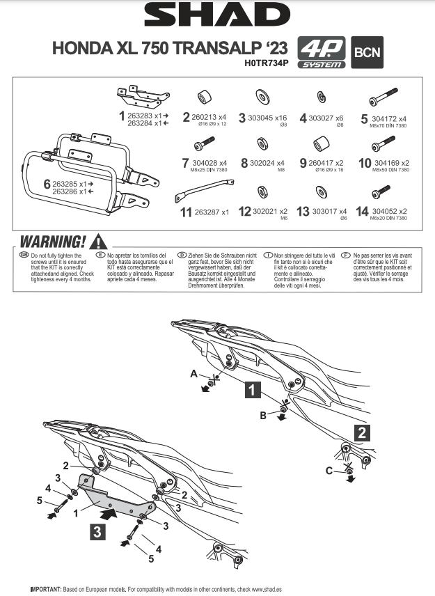 Istruzioni per il montaggio dei telaietti Shad H0TR734P sulla moto Honda XL750 Transalp.