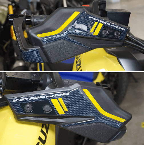 Coppia di adesivi per paramani gialli per i paramani della moto Suzuki V-Strom 800DE.