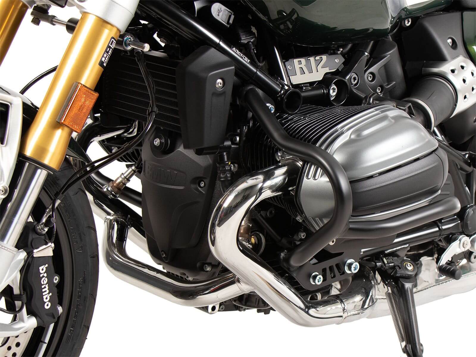 Visrta laterale barre protezione motore nere Hepco & Becker 5016546 00 01 per la moto BMW R 12 G/S dal 2025. BMW R12 G/S barre paramotore Hepco 5016546 00 01 lato sinistro.