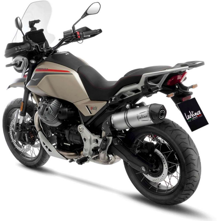 Moto Guzzi V85 TT dal 2024 terminale omologato Leovince LV One Evo 14454E. Terminale LeoVince LV One Evo omologato per Moto Guzzi V85 TT dal 2024.