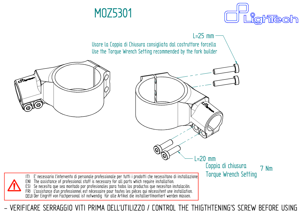 Ducati Panigale V4 dal 2025 bracciali manubrio Ø53 - Offset 20mm Inclinazione 10°. Schema tecnico Lightech bracciali MOZ5301NER per Panigale V4 dal 2025.