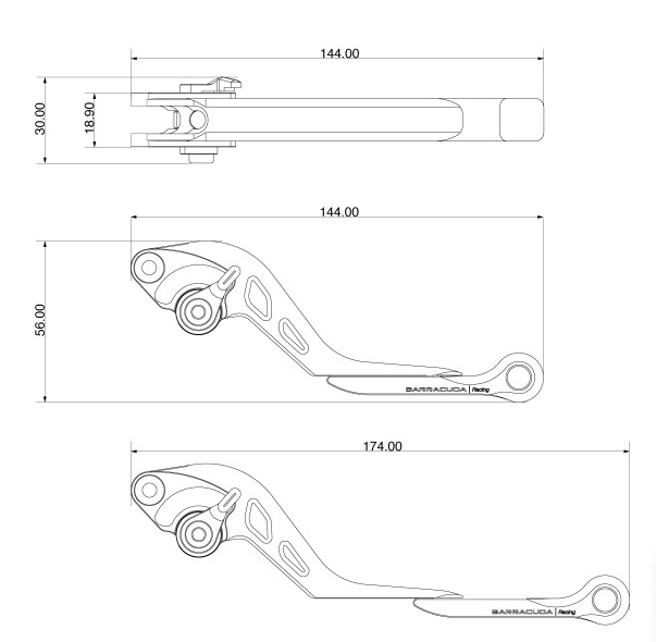 Dimensioni leve Barracuda KN9127-25 per Kawasaki Z900 dal 2025. Misure e dimensioni Leve Barracuda KN9127-25.