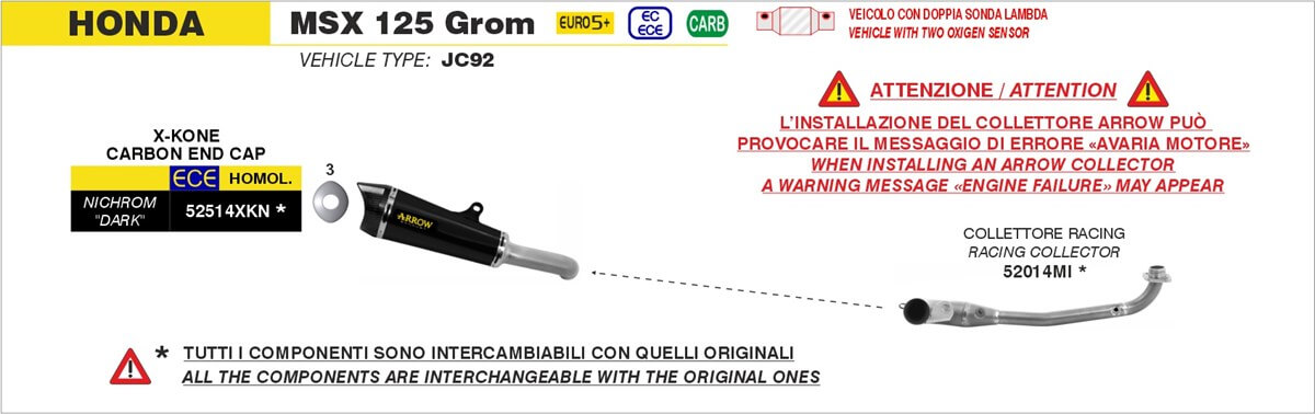 Schema silenziatori e collettori Arrow per Honda MSX 125 Grom dal 2025. Terminale Arrow X-Kone Dark 52514XKN.