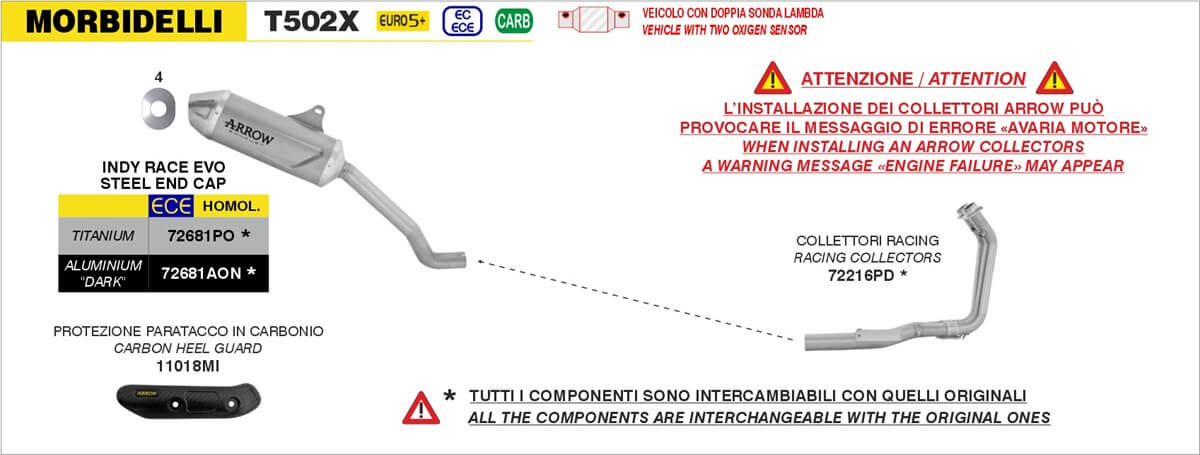 Terminali e collettori per la moto Morbidelli T502X a marchio Arrow.
