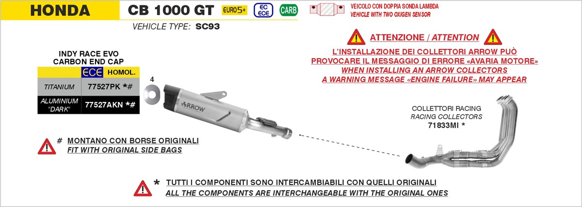 Honda CB 1000 GT dal 2026 scarichi Arrow. schema terminali e collettori arrow per la moto honda CB1000GT dal 2026.