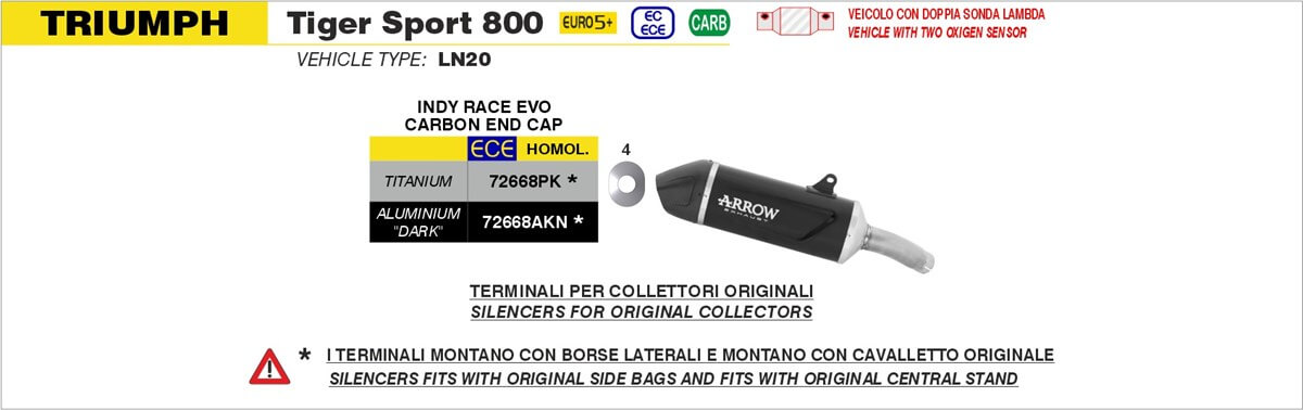 Terminale omologato Indy Race EVO Arrow 72668AKN schema tecnico Triumph 800 dal 2025. Terminale Indy Race EVO Arrow 72668AKN.