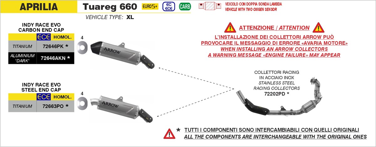 Arrow terminali e collettori per la moto Aprilia Tuareg 660 dal 2025. Aprilia tuareg 660 dal 2025 scarichi e collettori Arrow.