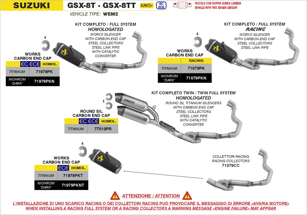 Elenco terminalli Arrow per Suzuki GSX-8T e GSX-8TT.