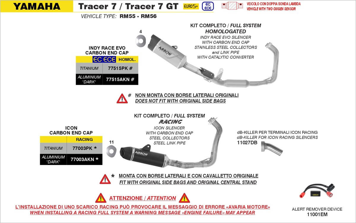 TErminale e collettori omologato per la moto Yamaha Tracer 7 dal 2025. Sistema completo di scarico Arrow per la moto Yamaha Tracer 7 GT dal 2025.