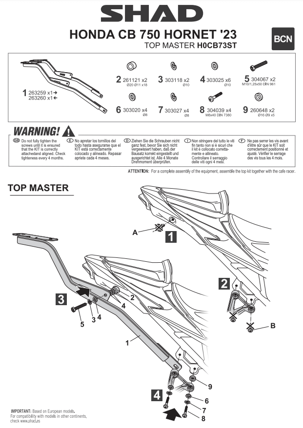 Shad H0CB73ST istruzioni montaggio attacco bauletto Hornet 2023.