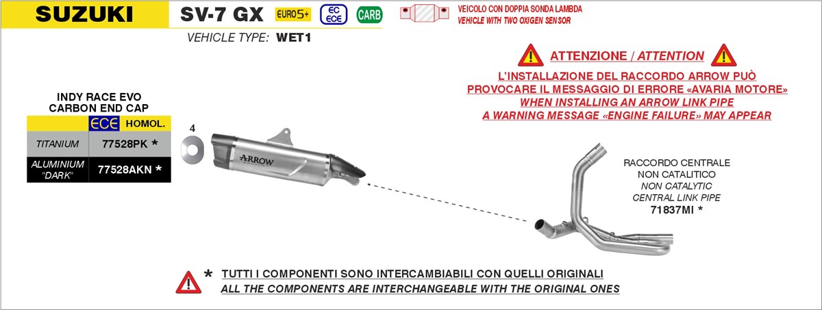 Scarichi Arrow per la moto Suzuki SV-7 GX dal 2026. Raccordo centrale decatalizzato e terminali per la moto Suzuki SV-7 GX.