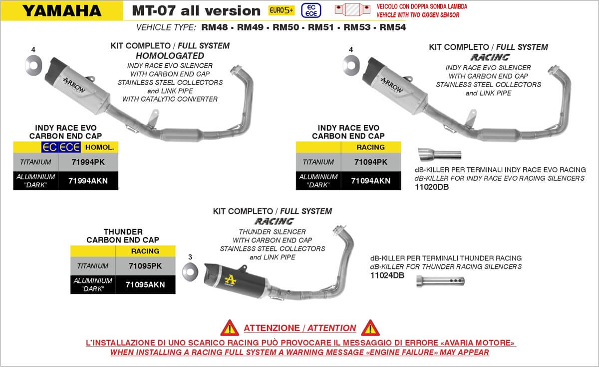 Yamaha MT-07 dal 2025 scarichi completi Arrow. Scarichi Arrow per la moto Yamaha MT-07 dal 2025.